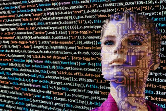 Artificial intelligence concept with a robotic female face over a full screen of code