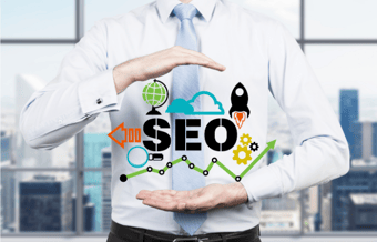 Businessman cradling a virtual SEO bundle, with text SEO and icons like rocket ship, gears, and magnifying glass