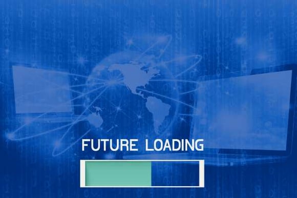 a globe with two laptops on either side, imposed orb rings around the globe, and a future loading progress bar across the bottom