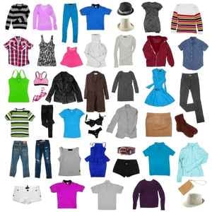 various clothing items laid flat out individually across the square image
