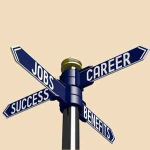street_sign_pole_with_street_sign_arrows_pointing_in_alternate_directions_that_say_Jobs_Success_Careers_and_Benefits